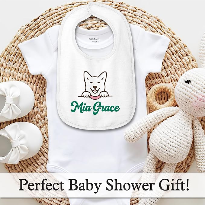 Personalized Baby Bib – Soft Cotton Terry, Cute Jindo Dog Design with Custom Text (1-2 Lines) – Newborns & Toddlers