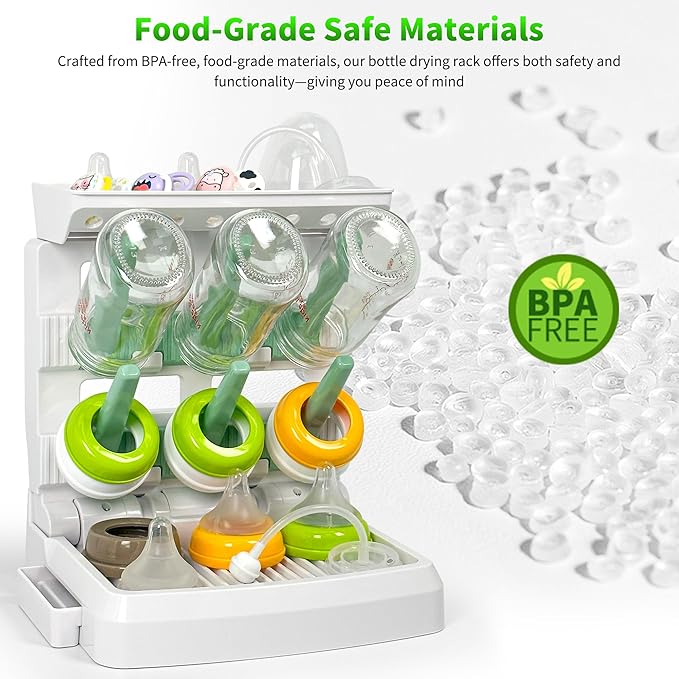 Baby Bottle Drying Rack for 6 Bottles, Vertical Cup Drying Holder, Space Saving Countertop Standing Bottle Dryer Rack for Baby Accessories & Pump Parts（Small White&Green）