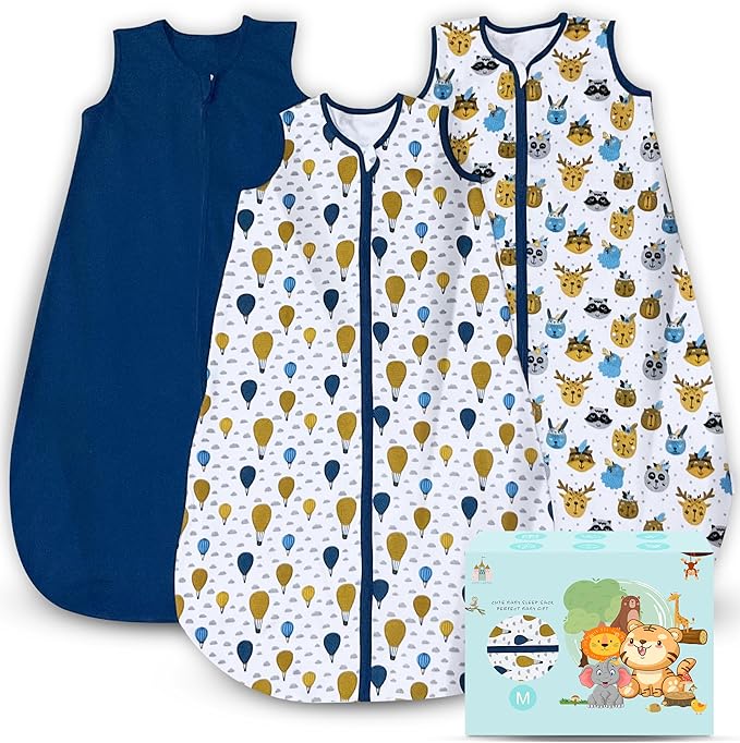 Cute Castle Baby Sleep Sack 6-12 Months - Lightweight 100% Cotton 2-Way Zipper TOG 0.5 Infant Wearable Blanket, Newborn Essentials Toddler Sleep Clothes, 3 Pack(Blue, Balloons, Animals)