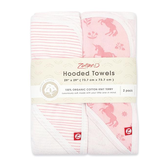 Zutano Hooded Baby Towels, Organic Cotton Baby Bath Towel, Ultra Soft and Absorbent Baby Towel for Newborn and Infant | Girl, Boy, and Unisex Towel Set, Unicorn Meadows, 2-Pack