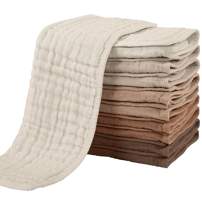 Yoofoss Muslin Burp Cloths for Baby 10 Pack 100% Cotton Baby Washcloths for Boys Girls Large 20''X10'' Super Soft and Gradient Coffee