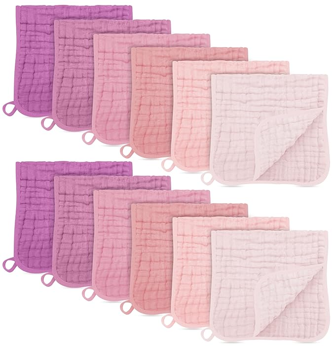 SWEET DOLPHIN 12 Pack Muslin Burp Cloths Large 100% Cotton Burping Clothes for Baby Drool - Absorbent and Soft Boys & Girls Milk Spit Up Rags for Newborn Essentials Registry - Hibiscus Sunset