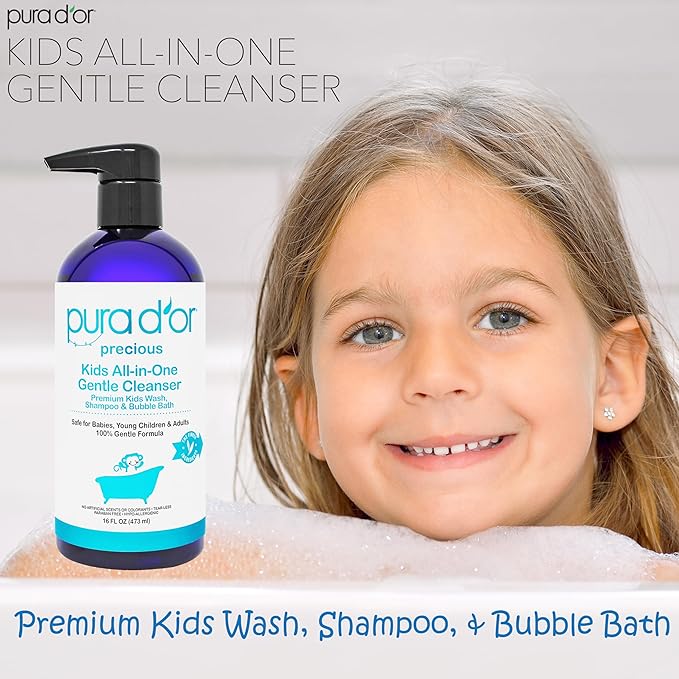 PURA D'OR Kids Wash (16oz x 3 = 48oz) All-in-One Gentle Cleanser - USDA Biobased, Sulfate-Free, Tear-Less, Hypoallergenic, Premium, Shampoo & Bubble Bath
