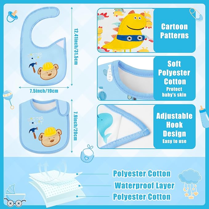 Cotton Waterproof Baby Bibs - 24Pcs Adjustable Hook Loop Closure Bib for Feeding Teething Drooling Eating, 6-12 Months