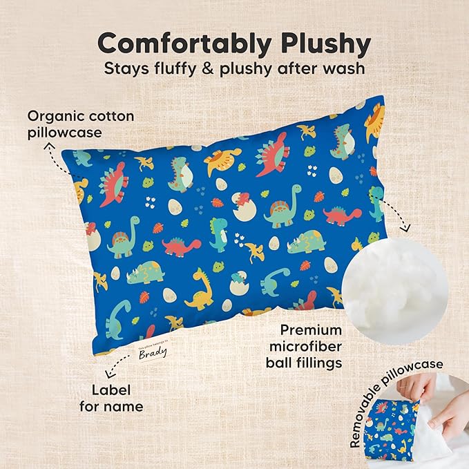 Mini Toddler Pillow with Pillowcase - 9x13 My Little Dreamy Travel Kids Pillow for Sleeping, Toddler Bed, Small, Tiny, Organic Cotton Pillowcase, Soft & Breathable, Kids 2-4 Years Old (DinoWorld)