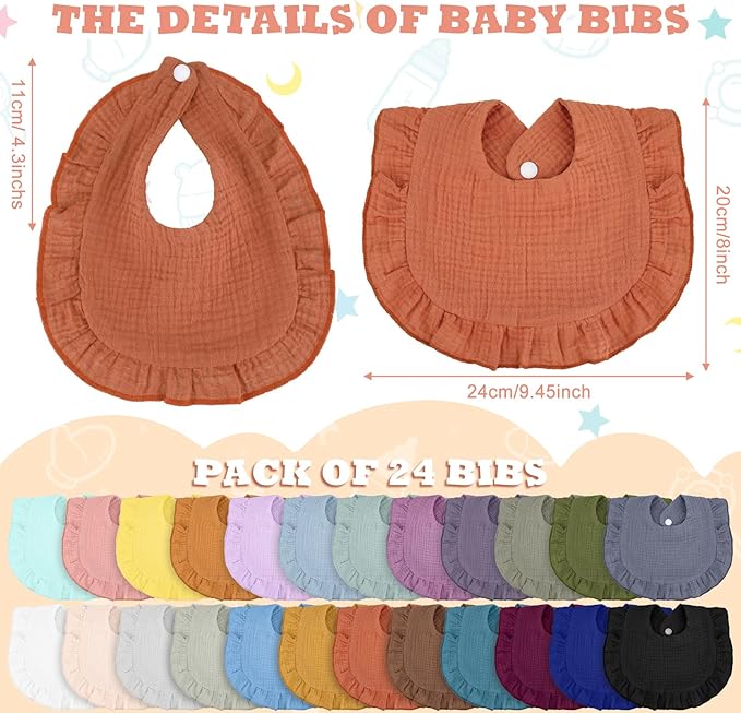24 Pcs Muslin Baby Bibs Unisex Soft Muslin Drool Bibs Adjustable Baby Bandana Bibs Lap Shoulder Absorbent Teething Bibs for Baby Newborn Infants Toddlers Drooling Eating