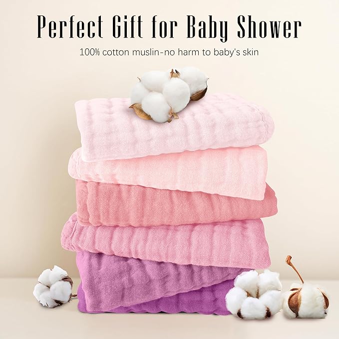 SWEET DOLPHIN 12 Pack Muslin Burp Cloths Large 100% Cotton Burping Clothes for Baby Drool - Absorbent and Soft Boys & Girls Milk Spit Up Rags for Newborn Essentials Registry - Hibiscus Sunset