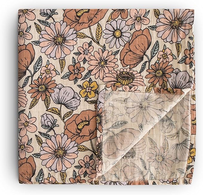 mushie Muslin Baby Swaddle Blanket | 100% Organic Cotton (Retro Flowers)