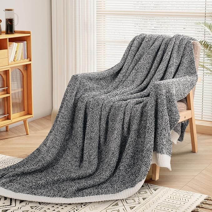NEXHOME PRO Soft Throw Blankets for Couch, Reversible Warm Blankets Cozy Knit Blanket for Women, Fuzzy Plush Lightweight Throws for Sofa, Bed, Picnic, Black 50 x 60 inches