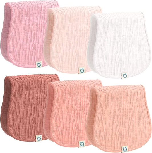 Muslin Burp Cloths Set, 6 Pieces, 100% Organic Cotton Hand Washcloths for Baby Boys and Girls Extra Absorbent and Soft Burping Rags (Pink - Multi Colored)