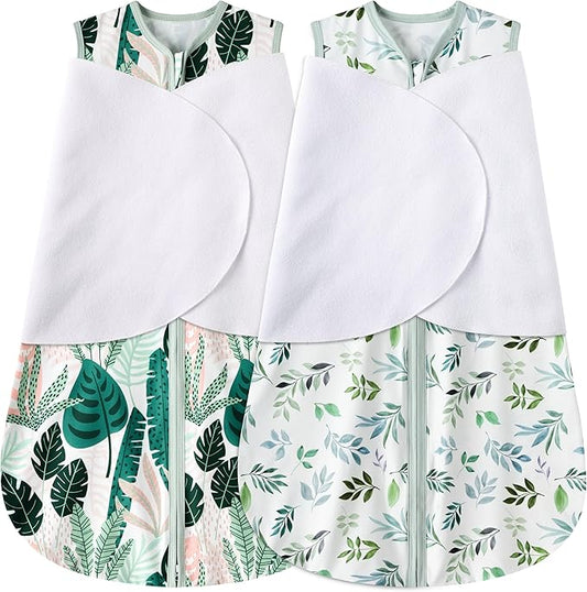 Newborn Sleep Sack Baby Swaddle,6-12 Months,3-Way Adjustable Wearable Blanket,100% Rayon Cotton Swaddling Sleeping Bag，TOG 0.5（Banana&Leaf）