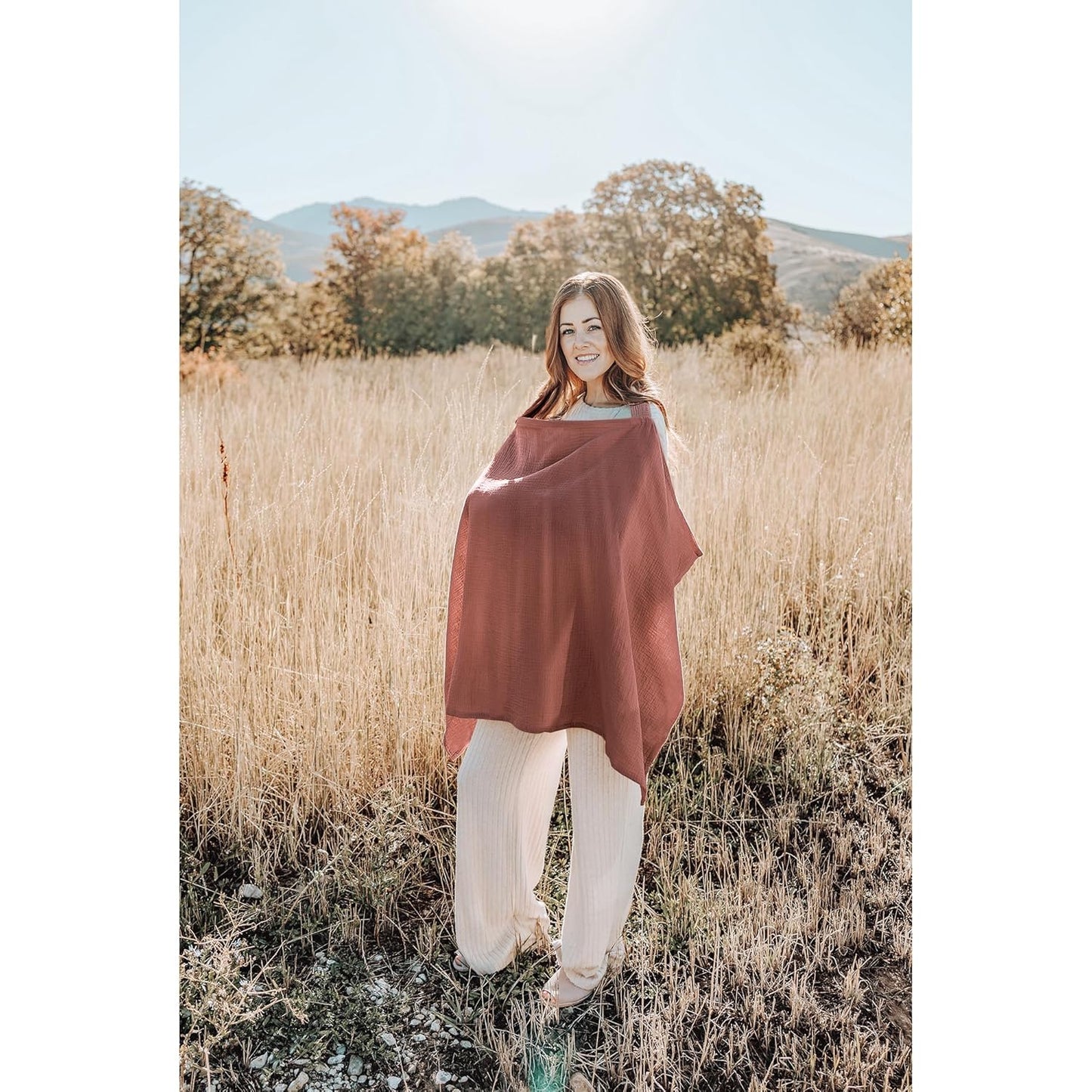 Konssy Muslin Nursing Cover for Baby Breastfeeding, Breathable 100% Cotton Breastfeeding Cover with Rigid Hoop for Mother Nursing Apron, Multi-use Carseat Canopy (Chestnut)