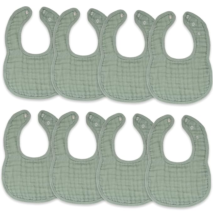 Comfy Cubs Muslin Bibs for Babies, Pack of 8 - Soft and Highly Absorbent, Feeding, Drool and Teething Bib, Adjustable Snaps - Stylish & Colorful Unisex Designs, Giftable Set - Fern