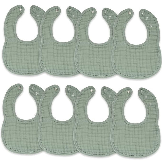Comfy Cubs Muslin Bibs for Babies, Pack of 8 - Soft and Highly Absorbent, Feeding, Drool and Teething Bib, Adjustable Snaps - Stylish & Colorful Unisex Designs, Giftable Set - Fern