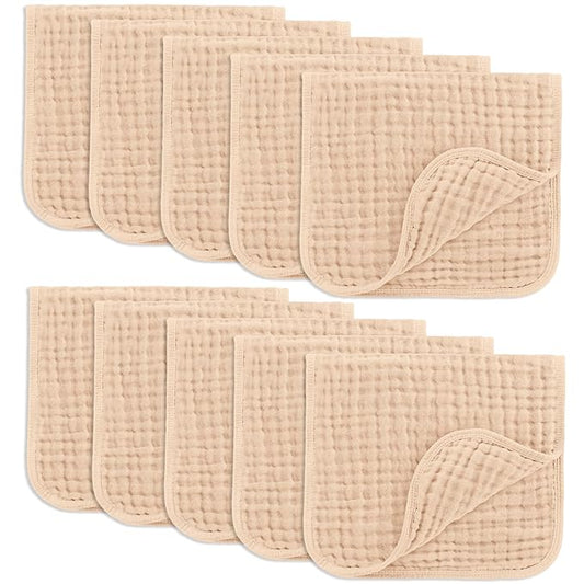 Comfy Cubs Muslin Burp Cloths 20" x 10", Pack of 10 - Large, 6-Layer, Ultra Absorbent 100% Cotton for Baby Drool and Messes - Soft, Safe & Gentle Baby Burp Cloths for Boys & Girls - Cream