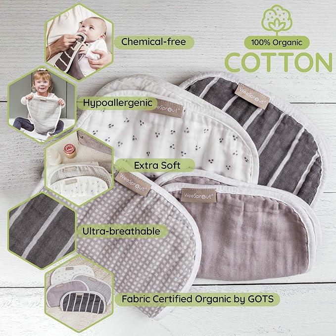 WeeSprout Unisex Organic Towel Cotton Burp Cloths, Set of 4, Four Ultra-Absorbent Layers Keep Clothes Dry, Button Transforms into Baby Bib, Machine Washable & Dryer Safe (Neutral Set, Full)