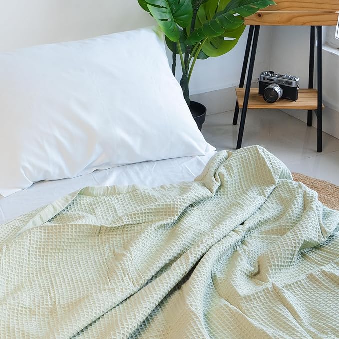 Salt Earth GOTS Certified 100% Organic Cotton Throw Blanket, 55" X 60" Waffle Blankets & Throws for Bed, Throw Blanket for Couch, Modern & Cozy Blanket, All Season, Comfy & Soft Blankets (Sea Foam)