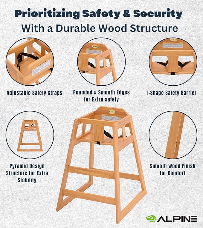 Alpine Wooden High Chairs for Babies and Toddlers with Safety Strap, Commercial Grade Restaurant High Chair, Durable Wood Space Saver Baby Feeding Chair, Ideal for Dining Spaces (2 Pack, Oak)