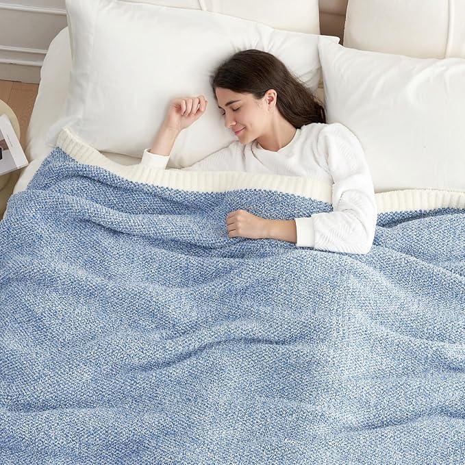 Snuggle Sac Queen Size Bed Blanket Heather Blue, Reversible Super Soft Microfiber Blankets Warm Cozy Knit Fuzzy Plush Bed Blankets, Blue, Queen 90x90