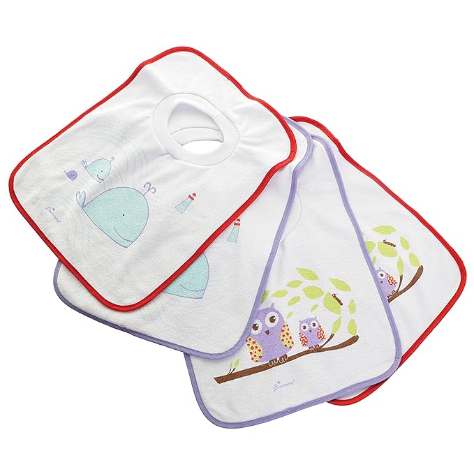 Dreambaby Terry Cloth Cotton Pullover Baby Bibs for Teething Feeding and Drooling - Super Absorbent & Extra Soft - Machine Washable for Easy Cleaning - Owl and Whales