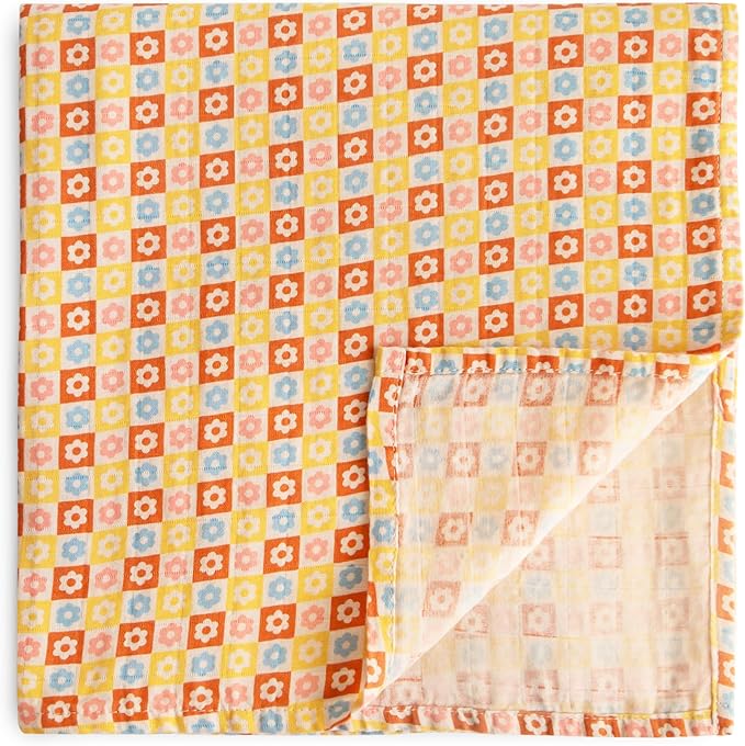 mushie Muslin Baby Swaddle Blanket | 100% Organic Cotton (Happy Flowers Check)