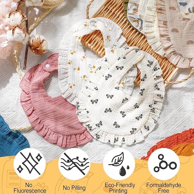 Mepase 10 Pcs Large Muslin Baby Girl Bibs Drool Teething Bibs Lap Shoulder for Boy Girls Teething(Retro Colors)