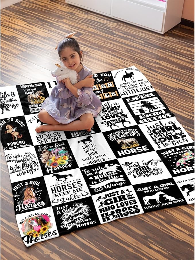 Horse Blanket for Baby Girls Black White Throw Blanket for Boys, Lightweight Animals Soft Flannel Blankets for Kids Gifts, 30x40 Inches