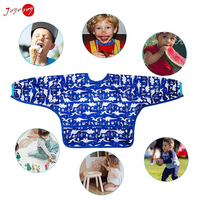 Joyo roy Mess Proof Baby Bibs for Eating Waterproof Toddler Bibs for Boys Soft Machine Washable Long Sleeve Bib 1-3 Years Travel Reusable Baby Smock Apron for Feeding Bib with Food Catcher