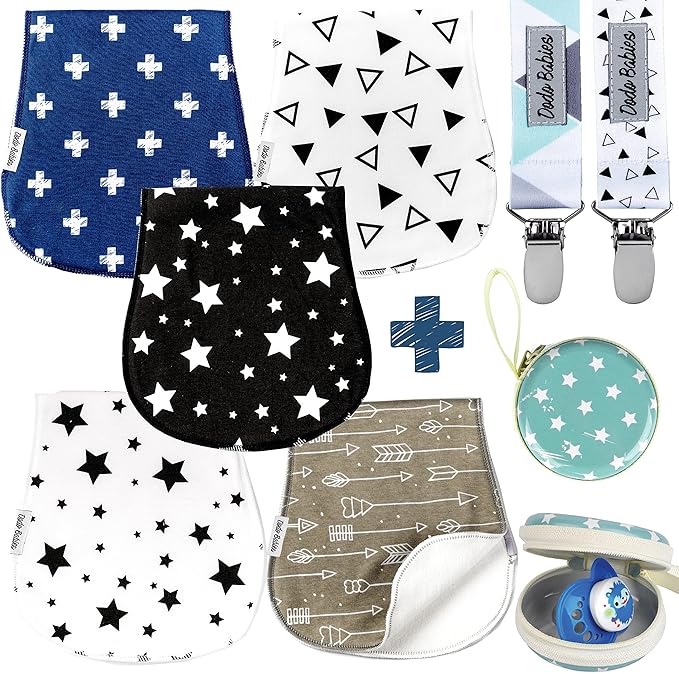 Dodo Babies 5-Pack Baby Burp Cloths - Soft Absorbent Cotton Newborn Essentials Must Haves - Spit-Up Rag & Pacifier Case with Clips - Contoured Fit Boy Burp Cloth Set - 2 Clips & Case Blue/White/Teal