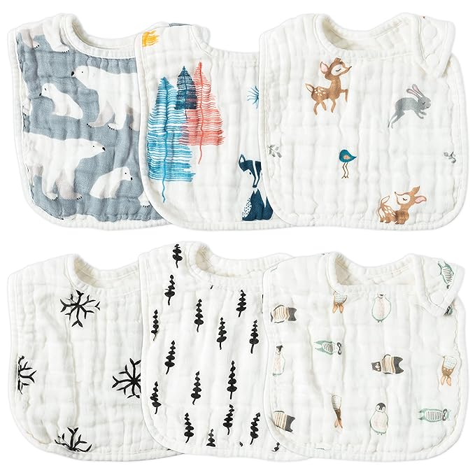 Zainpe 6Pcs Muslin Cotton Baby Bibs Snowflake Polar Bear Pattern Burp Cloths, Adjustable Bib with 6 Absorbent Soft Layers for Unisex Infant Toddler Newborn Drooling Feeding Teething