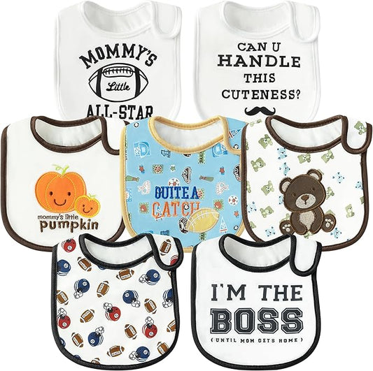 7Pcs Cotton Waterproof Baby Bibs Hook Loop Closure Newborn Bib Keepsake Baby Gift for Drooling Feeding Eating