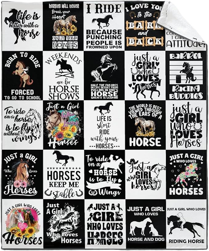 Horse Blanket for Baby Girls Black White Throw Blanket for Boys, Lightweight Animals Soft Flannel Blankets for Kids Gifts, 30x40 Inches