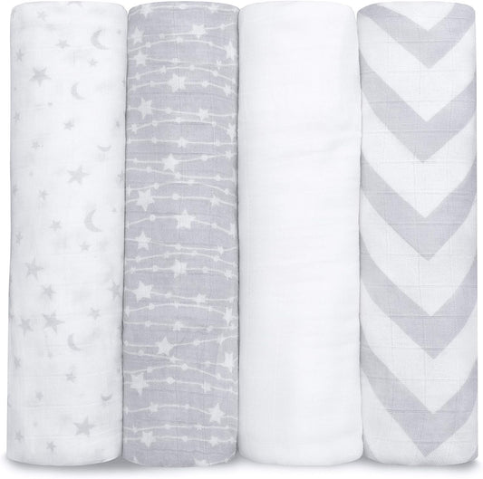 Comfy Cubs Muslin Swaddle Blankets Pack of 4, 47 x 47 Inches, Soft Cotton Baby Blanket Set, Large Multipurpose Swaddling Wraps for Newborns - Self-Soothing Swaddle - Grey