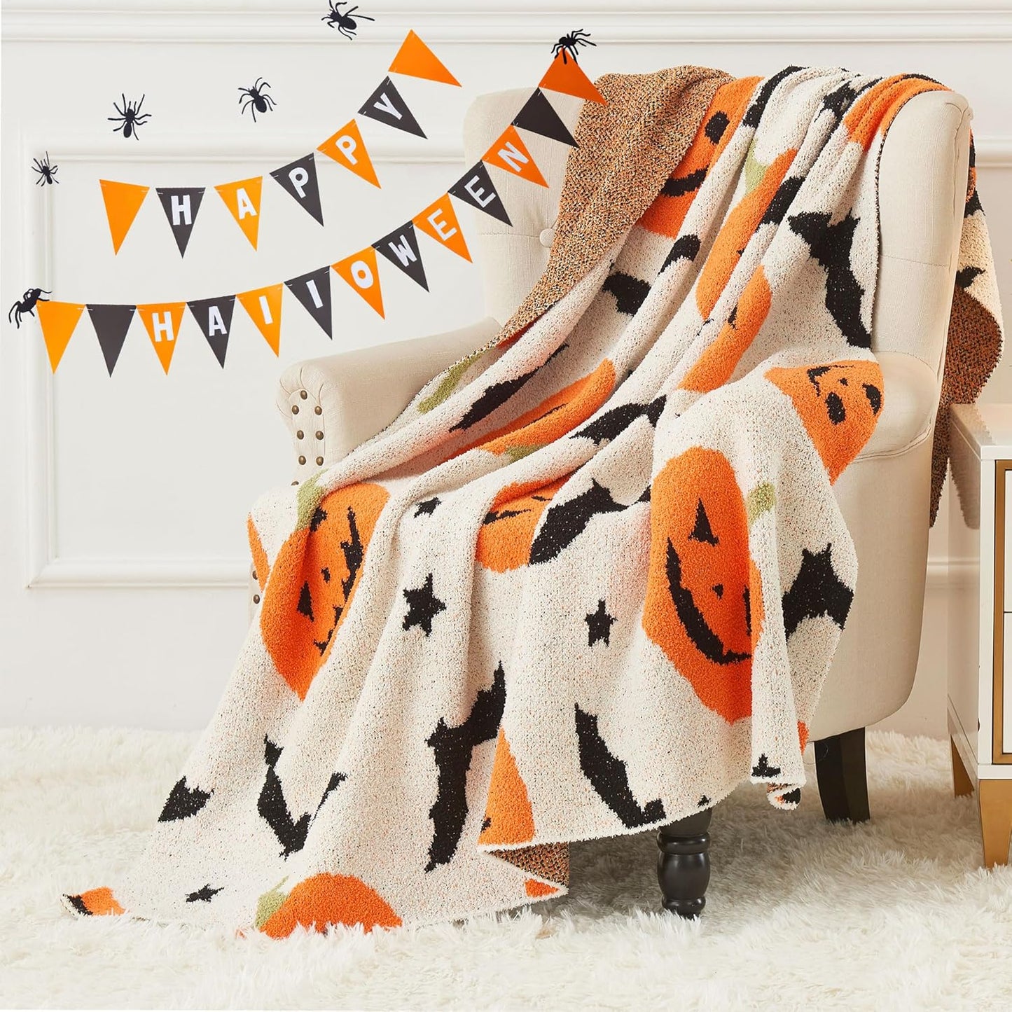 SeaRoomy Halloween Blanket, Ultra Soft Cozy Knit Throw Blanket for Couch, Warm Fluffy Microfiber Lightweight Knitted Throw Blanket Pumpkin Bat Halloween Decor (Pumpkins, 51"×63")