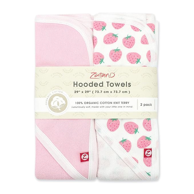 Zutano Hooded Baby Towels, Organic Cotton Baby Bath Towel, Ultra Soft and Absorbent Baby Towel for Newborn and Infant | Girl, Boy, and Unisex Towel Set, Strawberries, 2-Pack