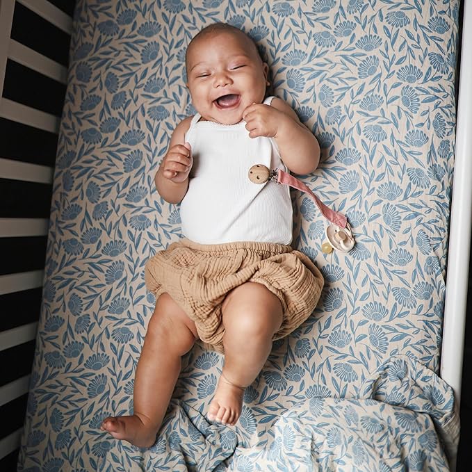 mushie Muslin Baby Swaddle Blanket | 100% Organic Cotton (Blue Flowers)