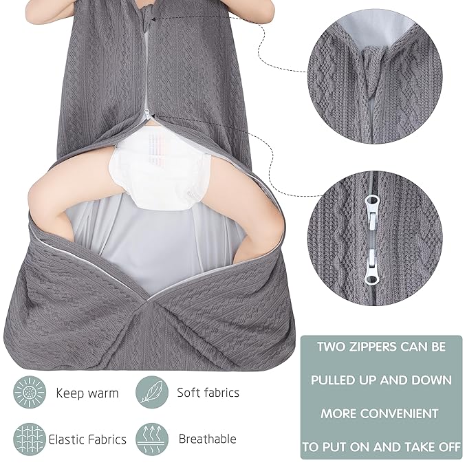 Baby Sleep Sack 18-24 Months, Baby Wearable Blanket 100% Acrylic knit 2-Way Zipper Toddler Sleeping Sack TOG 0.5 (Grey)