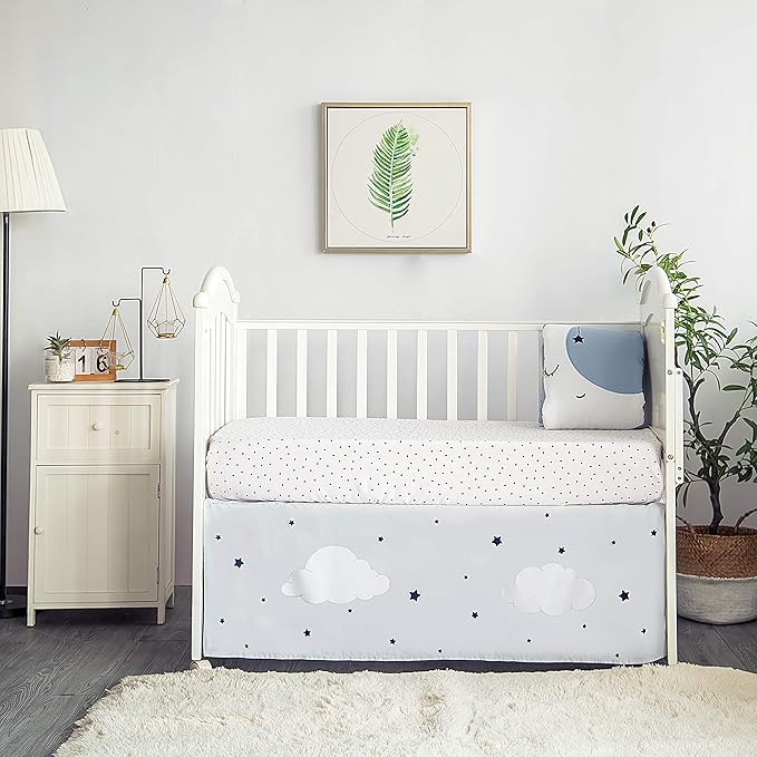 La Premura Sleeping Moon Baby Nursery Crib Bedding Set, 3 Piece Standard Size Crib Bedding Set, Blue and Grey
