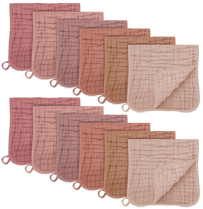 SWEET DOLPHIN 12 Pack Muslin Burp Cloths Large 100% Cotton Burping Clothes for Baby Drool - Absorbent and Soft Boys & Girls Milk Spit Up Rags for Newborn Essentials Registry - Muted Terracotta