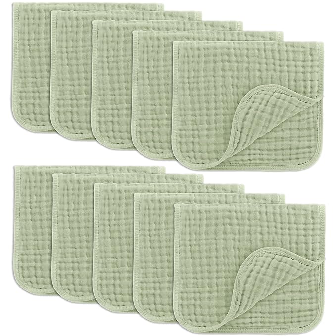 Comfy Cubs Muslin Burp Cloths 20" x 10", Pack of 10 - Large, 6-Layer, Ultra Absorbent 100% Cotton for Baby Drool and Messes - Soft, Safe & Gentle Baby Burp Cloths for Boys & Girls - Sage