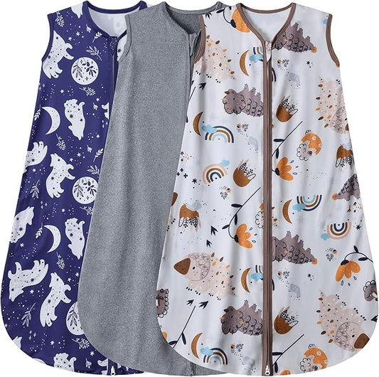 3 Pack Baby Sleep Sack 100% Rayon Cotton Baby Sleeping Bag 2-Way Zipper Toddler Wearable Blankets TOG 0.3. (Fox&Dinosaurs&Dark gray, 0-6 Months)