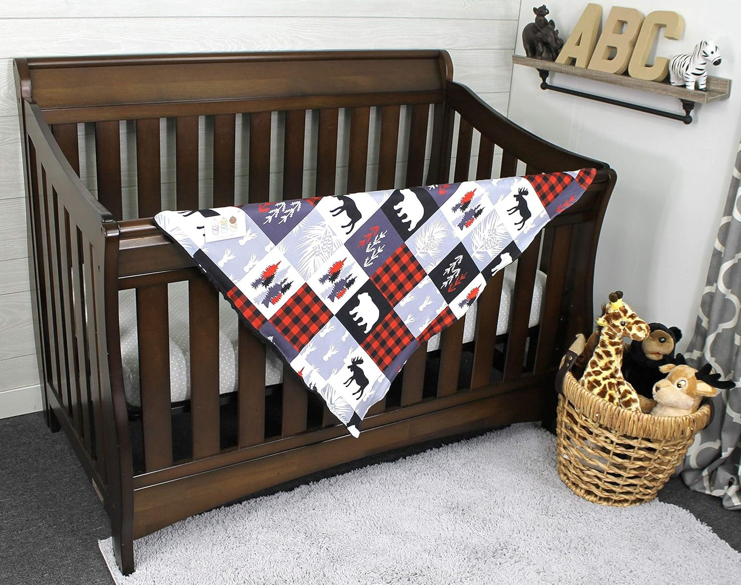 Top Tots Baby Blanket - Minky, Moose, Bear, Deer Heads, Trees and Vines, Red and Black Plaid with White and Gray