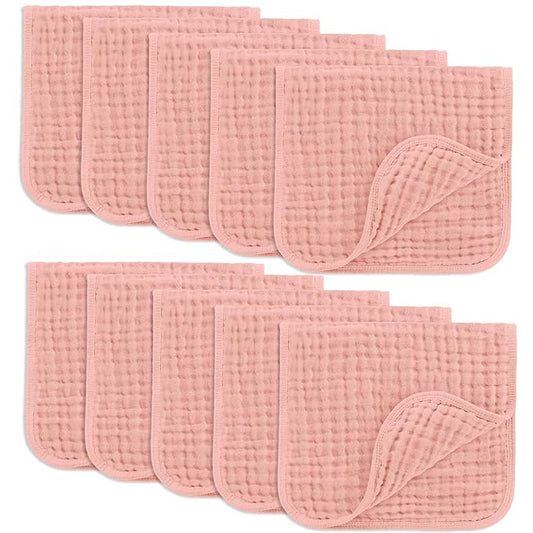 Comfy Cubs Muslin Burp Cloths 20" x 10", Pack of 10 - Large, 6-Layer, Ultra Absorbent 100% Cotton for Baby Drool and Messes - Soft, Safe & Gentle Baby Burp Cloths for Boys & Girls - Bold Blush