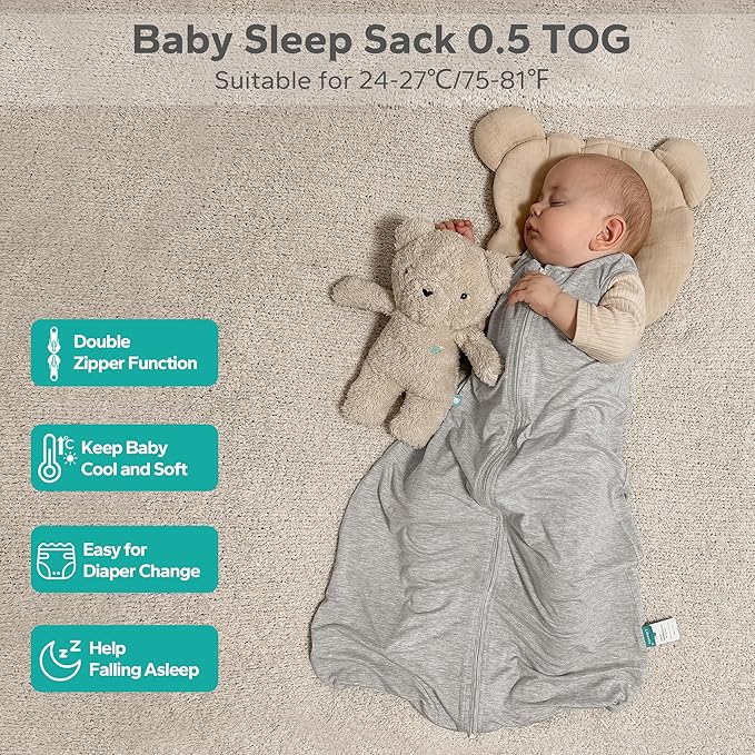 Rayon Made from Bamboo Sleep Sack, 0.5 TOG Wearable Blanket Baby, Sleep Sack 0-6 Months for Spring and Summer, Grey