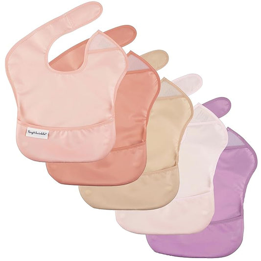Tiny Twinkle Mess Proof Baby Bibs for Eating – Waterproof, Wipeable Toddler Bibs with Pocket – Baby Food Bibs for Girls & Boys(5 Pack, Girl Spring)