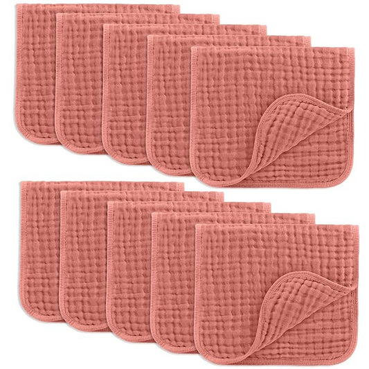 Comfy Cubs Muslin Burp Cloths 20" x 10", Pack of 10 - Large, 6-Layer, Ultra Absorbent 100% Cotton for Baby Drool and Messes - Soft, Safe & Gentle Baby Burp Cloths for Boys & Girls - Dusty Rose