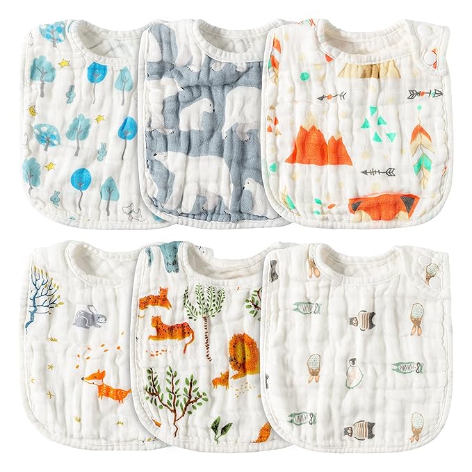 Zainpe 6Pcs Snap Muslin Cotton Bibs for Baby Bear Fox Deer Dog Bib Adjustable Machine Washable Burp Cloths with 6 Absorbent Soft Layers for Unisex Infant Newborn Toddler Drooling Feeding Teething