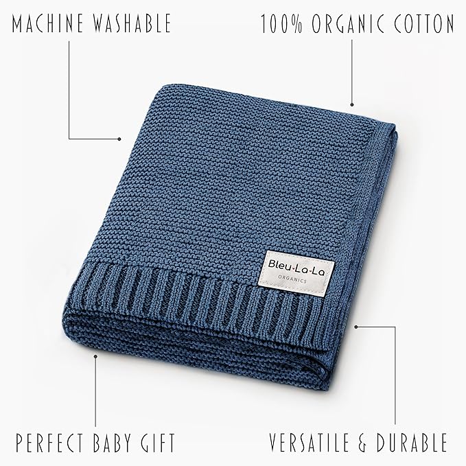 Heritage Knit Organic Cotton Receiving Swaddle Blanket for Boys - 100% Organic Soft Luxury Cotton Warm Cuddle Swaddling Blanket for Newborns Infants Toddler 36" x 32" (0-2Yrs - Denim Blue)
