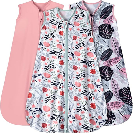 Baby Sleep Sack 6-12 Months 3 Pack Baby Wearable Blanket 100% Rayon Cotton 2-Way Zipper Toddler Sleeping Sack .Comfy Soft Lightweight TOG 0.3 (Banana&Flower&Pink,)
