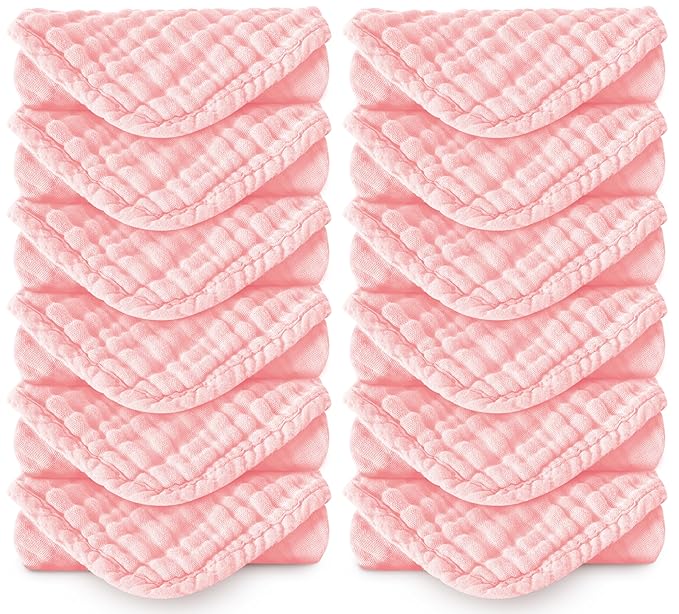 Muslin Burp Cloths 100% Cotton Large 20''x10'' Extra Soft and Absorbent Baby Wash Cloths Spit Up Rags - Baby Burping Cloth for Boys Girls Items(12 Pack Pink)